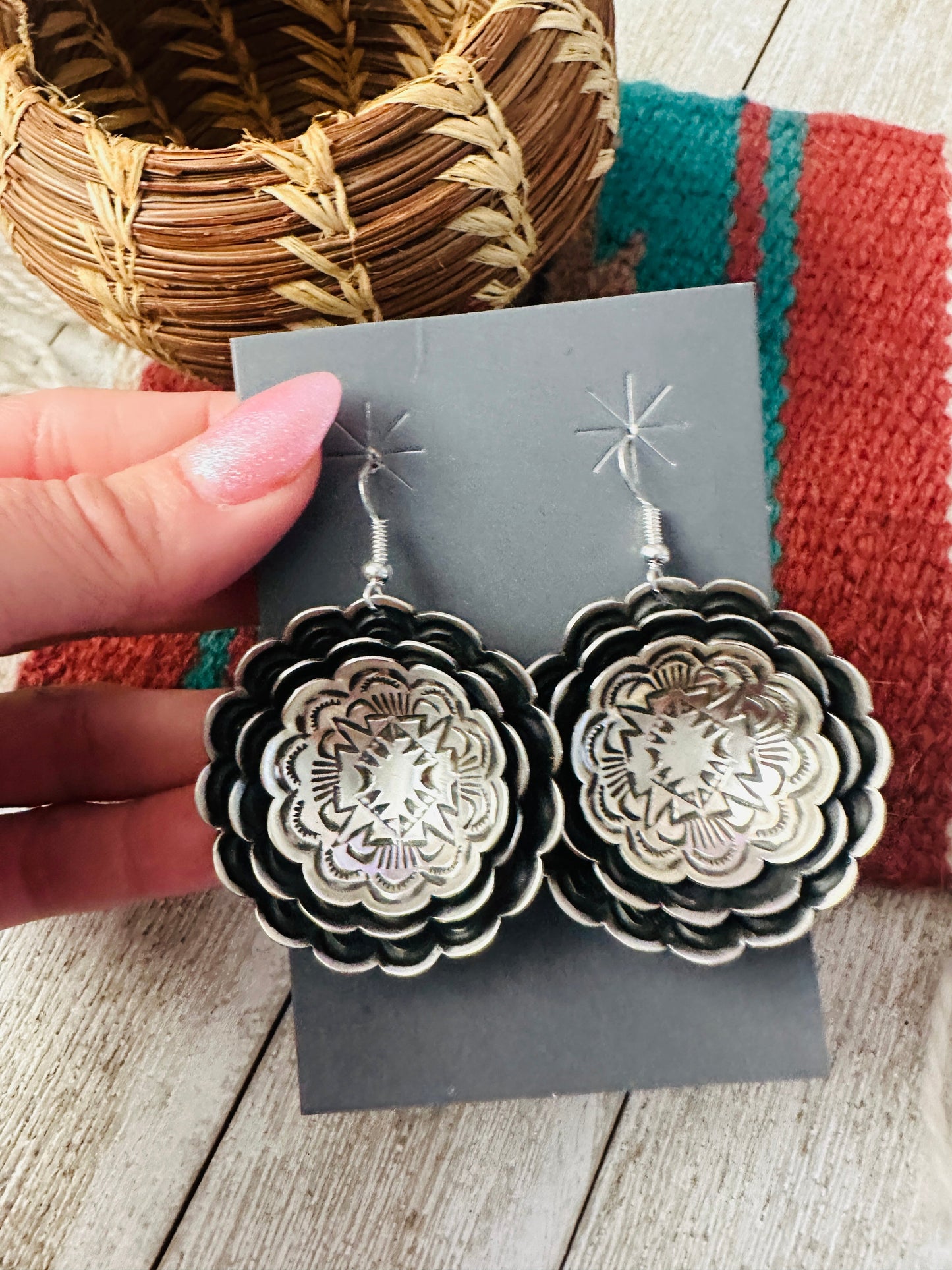 Handcrafted Sterling Silver Concho Dangle Earrings by Leander Tahe