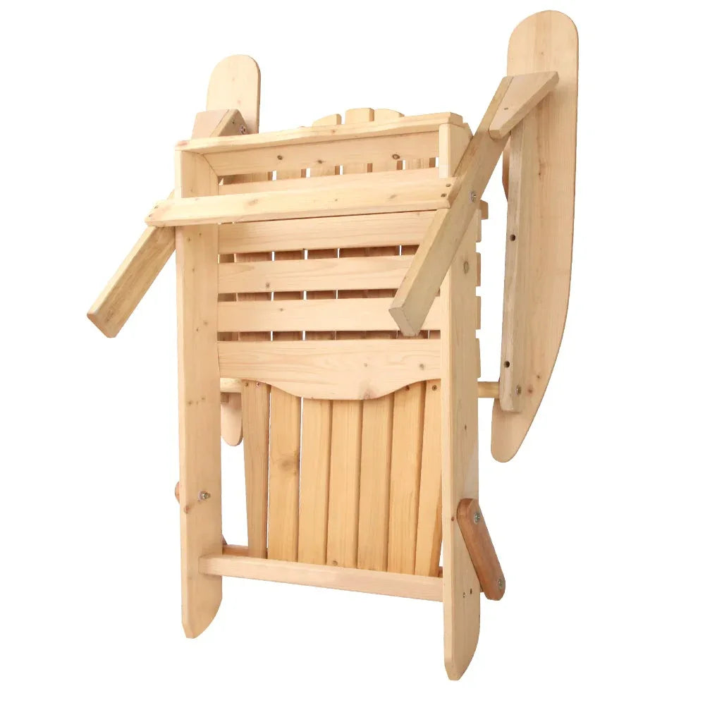 Side view of wooden outdoor chair highlighting flat wide armrest suitable for drinks.