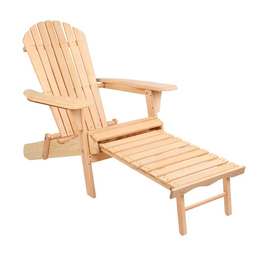 Outdoor wooden Adirondack chair with high back and wide armrests on a wooden deck