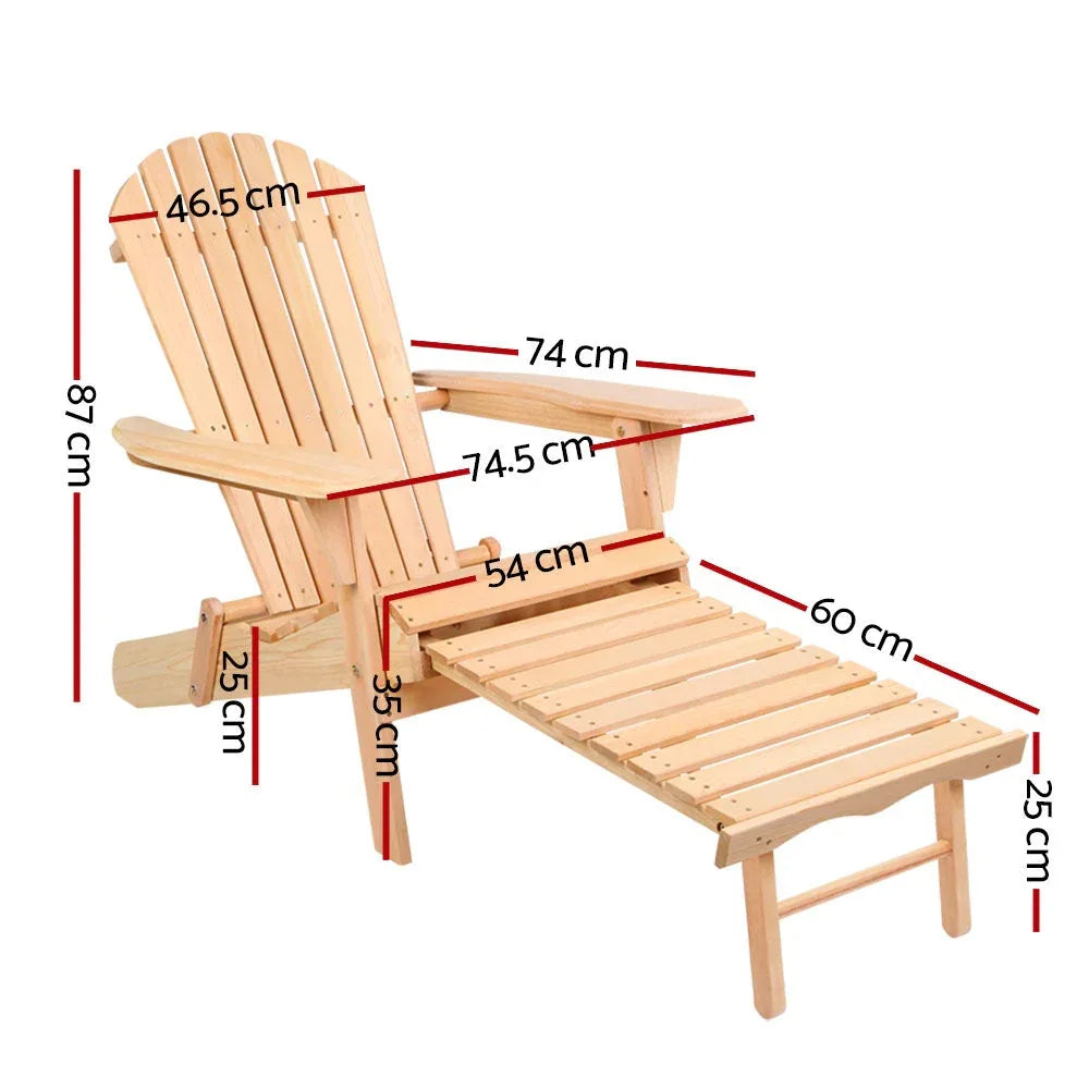 Foldable Adirondack chair with slide-out footstool showcased on a patio