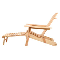 Side view of sturdy wooden Adirondack chair with extra flat armrests and foldable feature