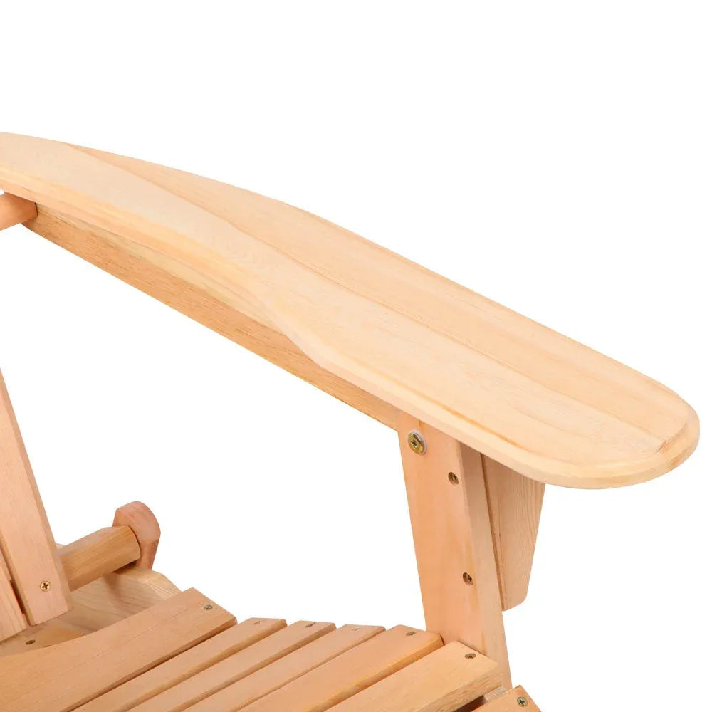 Detailed view of wooden chair footstool extended in front of Adirondack lounge chair