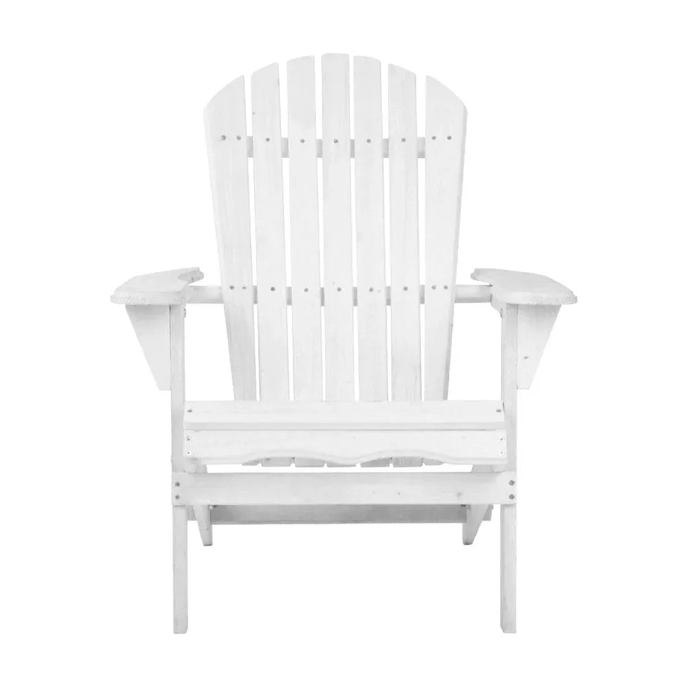 Side view of white wooden Adirondack chair highlighting slanted backrest and foldable design.