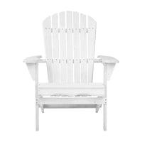 Side view of white wooden Adirondack chair highlighting slanted backrest and foldable design.