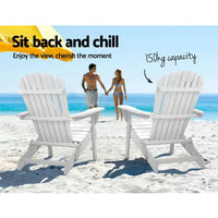 Front view of white foldable Adirondack chair on outdoor wooden flooring.