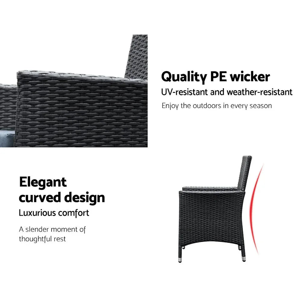 Close detail of woven black PE rattan chair armrest and cushion texture