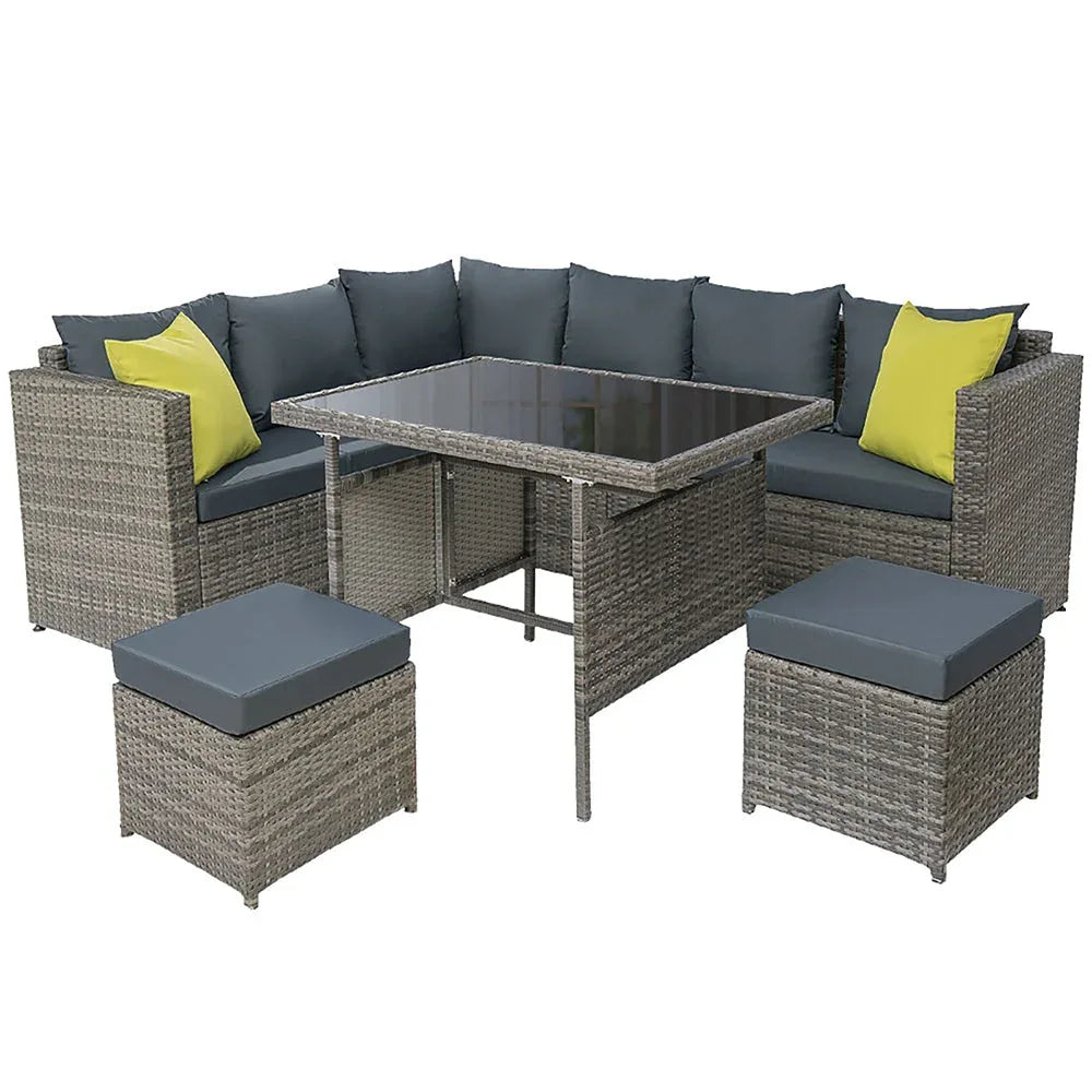 Gardeon outdoor patio sofa set with double seat and ottoman in dark wicker on stone patio.