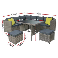 Corner view of Gardeon outdoor wicker sofa set featuring cushioned seating and table.