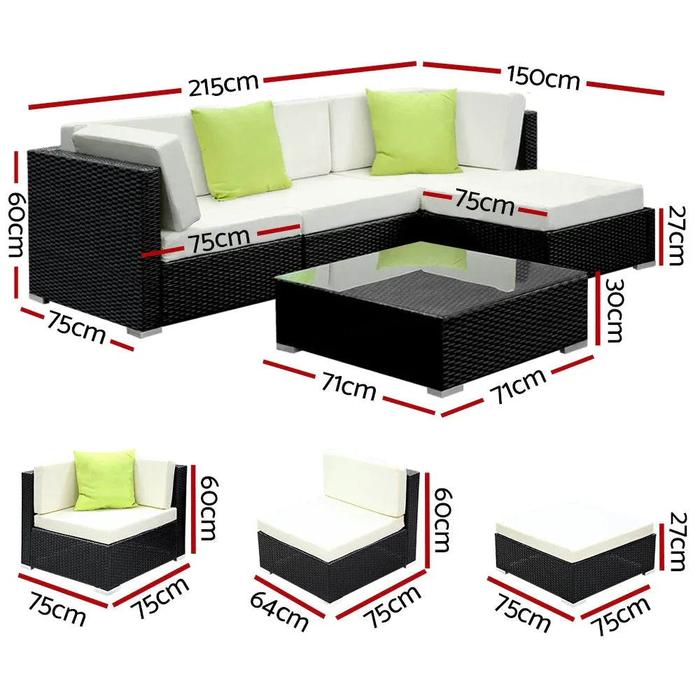 Front view of black-colored Gardeon 5-piece wicker outdoor sofa set with cushions and glass-top table.
