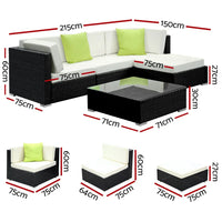Front view of black-colored Gardeon 5-piece wicker outdoor sofa set with cushions and glass-top table.