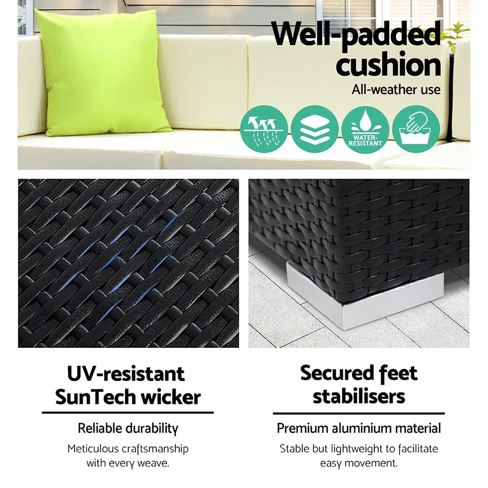 Top view of patio lounge area featuring Gardeon 5-piece sofa set and tempered glass table