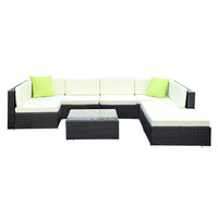 View of the sofa set’s aluminum frame and cream seat cushions with removable covers.