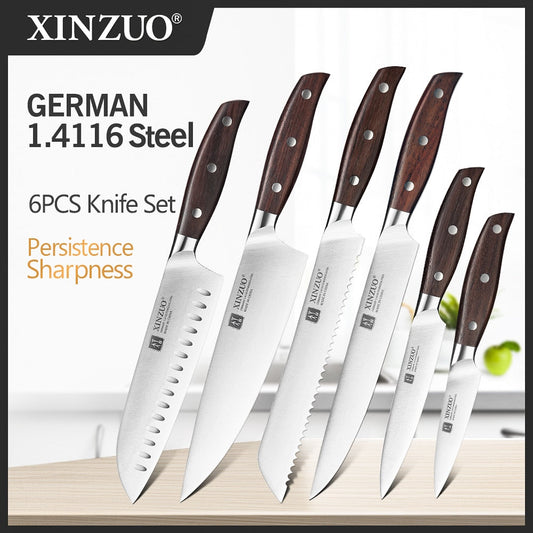 XINZUO Kitchen Tools 6 PCS Kitchen Knife Set of Utility Cleaver Chef Bread Knife High Carbon German Stainless Steel Knives sets