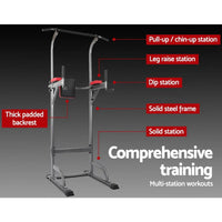 Side view of the Everfit Power Tower showing pull-up bar and dip station with padded cushions.