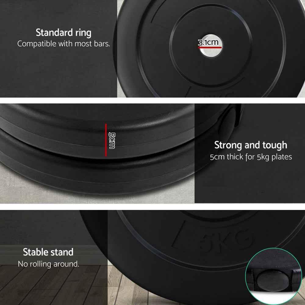 Detailed image of rubber weight plates with sand fill and steel bar handles