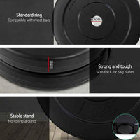 Detailed image of rubber weight plates with sand fill and steel bar handles