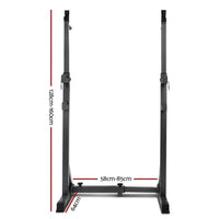 Front view of Everfit squat rack pair showing adjustable height holes and sturdy frame.