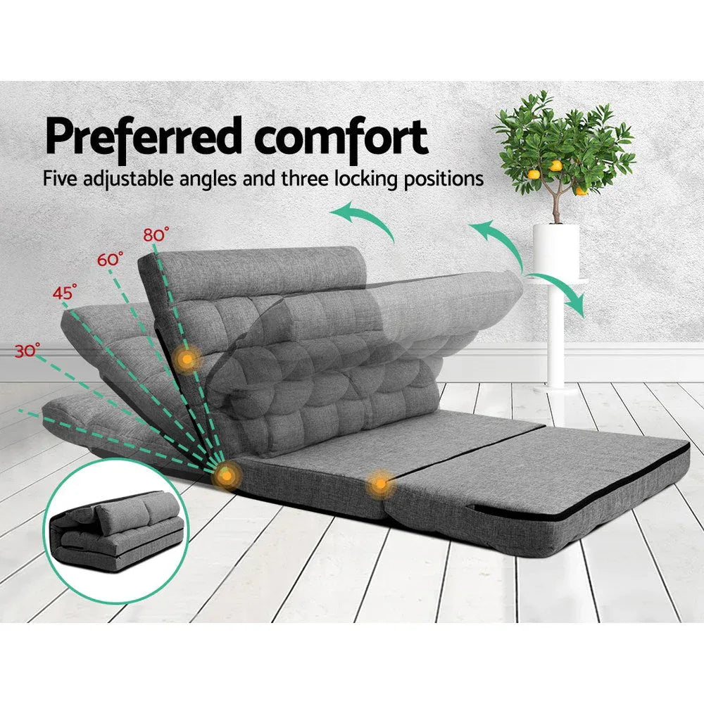 Artiss lounge sofa bed in a reclined position showing adjustable angles and plush fabric.