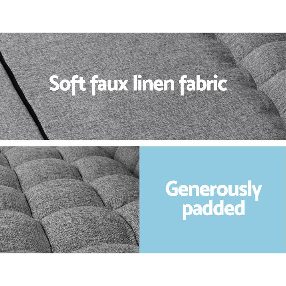 Side view of Artiss lounge sofa bed flat on floor as a mattress with soft grey upholstery.