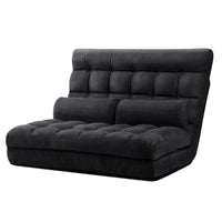 Charcoal suede 2-seater lounge sofa bed in flat, floor-level position with plush cushions.