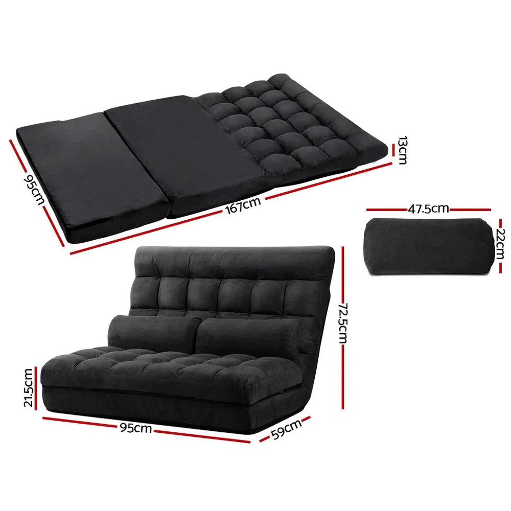 Side view of charcoal lounge sofa bed partially reclined, showing adjustable angles.