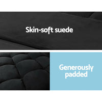 Close-up of lounge sofa bed’s textured suede upholstery and stitching details.