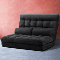Charcoal 2-seater lounge sofa bed shows compact folded configuration for storage.