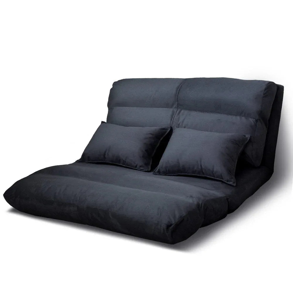 Artiss Lounge Sofa Bed in folded chair position with grey fabric on wooden floor.