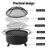 All components of fire pit BBQ kit including poker, tongs, and grill parts.