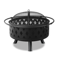 Diamond-patterned portable fire pit grill with mesh dome cover outdoors