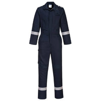 Rear view of lightweight Bizflame Plus protective coverall in navy with elastic back support.