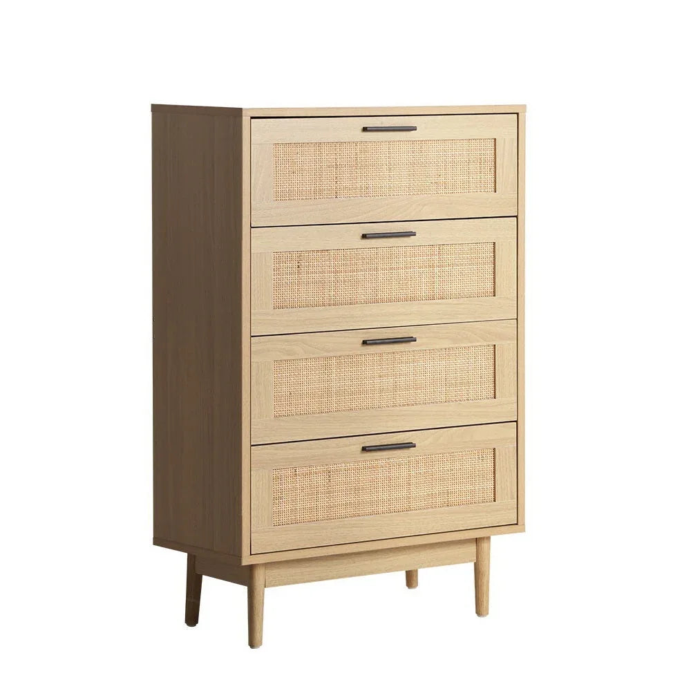 Front view of Artiss 4-drawer rattan tallboy cabinet in natural wood finish in a bright room.