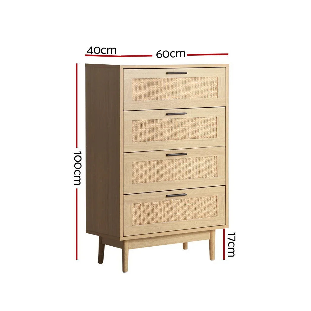 Side angle of rattan tallboy showing woven texture and smooth drawer fronts with wooden handles.