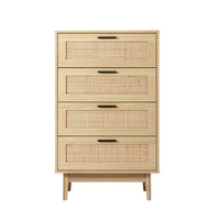 Close-up of the woven rattan surface and wooden drawer handles of the four-drawer tallboy cabinet.