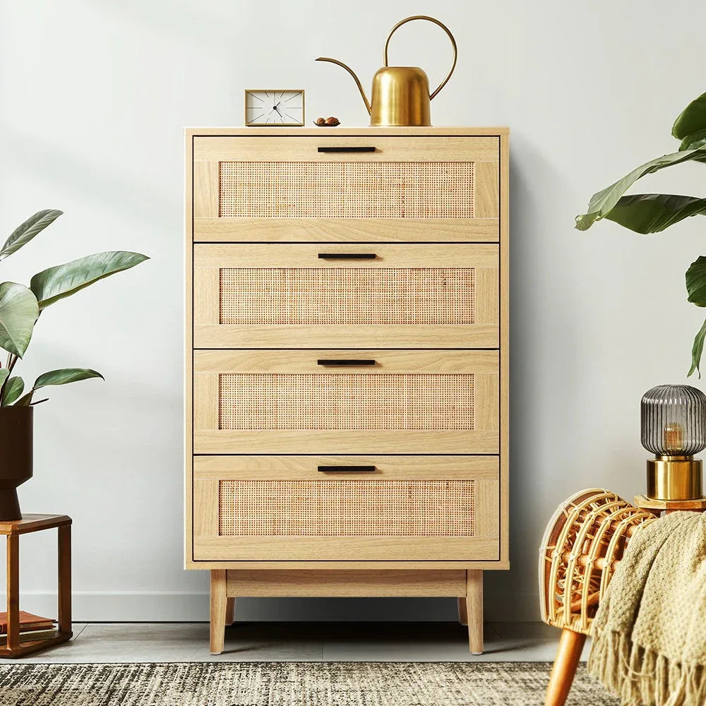 Rattan tallboy cabinet shown with drawers partially opened to reveal interior organization.