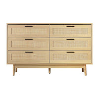 Top angle showing six spacious drawers with wicker fronts on tallboy cabinet.