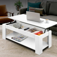 White mechanical lift-up coffee table angled to show sleek modern design.