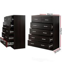 Close-up of walnut finish and smooth drawer fronts on Artiss 6-drawer tallboy.