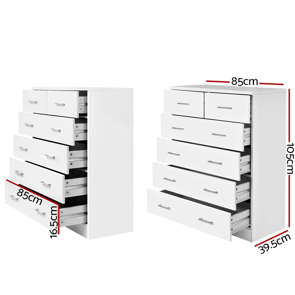 Side view of white tallboy dresser showing smooth drawer fronts and metal runners.