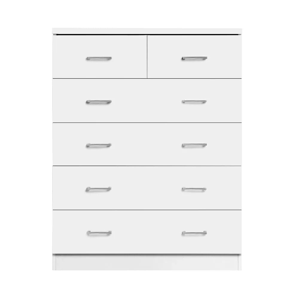 Close-up of elegant plastic handles on the white Artiss 6-drawer tallboy dresser.