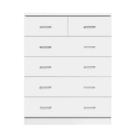 Close-up of elegant plastic handles on the white Artiss 6-drawer tallboy dresser.