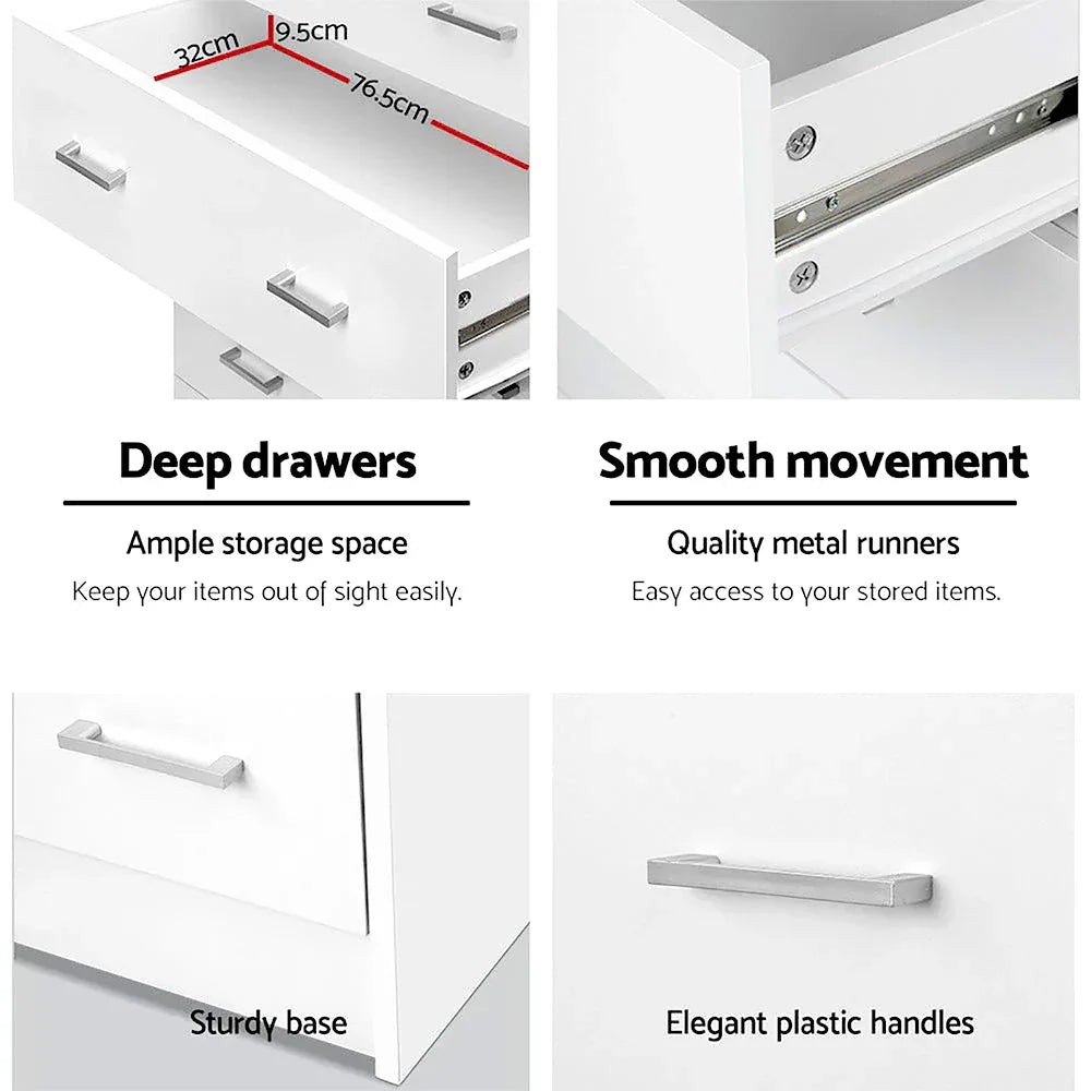 Angle showing six spacious drawers of white tallboy dresser with contemporary design.