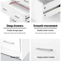 Angle showing six spacious drawers of white tallboy dresser with contemporary design.