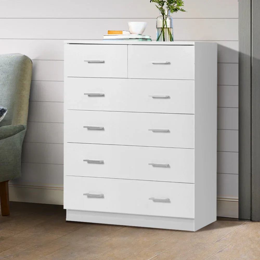 Top corner view highlighting melamine finish and clean lines of tallboy dresser.