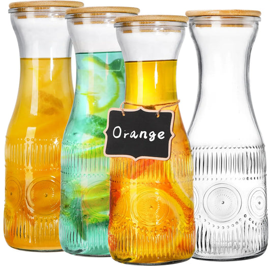 YOUEON 4 Pack 1 Liter Glass Carafe with Lid Clear Glass Pitcher with Bamboo Lid and Chalkboard Tags Water Carafes Juice Carafes for Water Juice Iced Tea Soda Lemonade Mimosa Bar