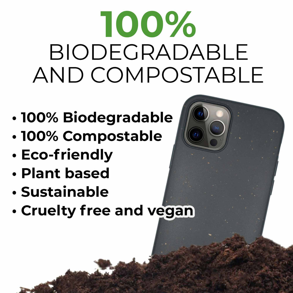 Fully biodegradable black phone case with smooth texture lying flat.