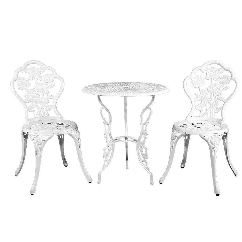 White 3-piece aluminium outdoor bistro set with two chairs and a round table on wooden deck.