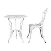 Side view of white aluminium bistro set with chairs and table highlighting powder-coated finish.