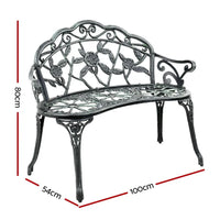 Side view of green Victorian garden bench showing powder-coated cast iron legs.