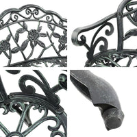 Benchtop detail showing ornate aluminum seat with decorative patterns.